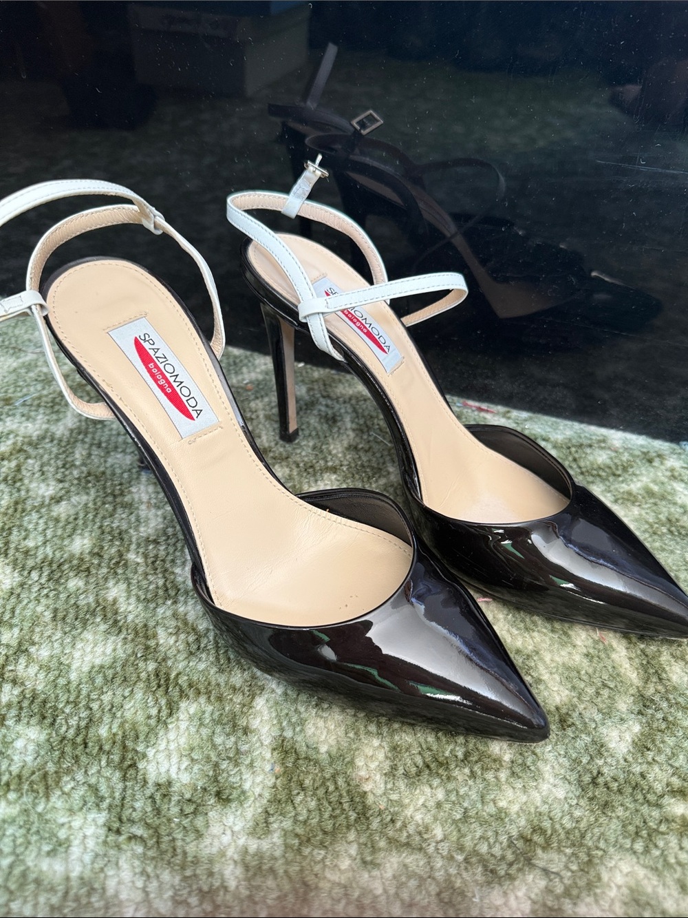 Black Patent Pointed Toe Slingback Heels with White Ankle Strap